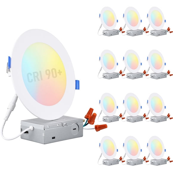 TORCHSTAR Série de Base Lot de 12 5CCT 6 Pouces Éclairage LED Encastré Ultra-Mince avec J Box, CRI90, Aluminium, 2700K3000K3500K4000K5000K, 5 %-100 % Dimmable