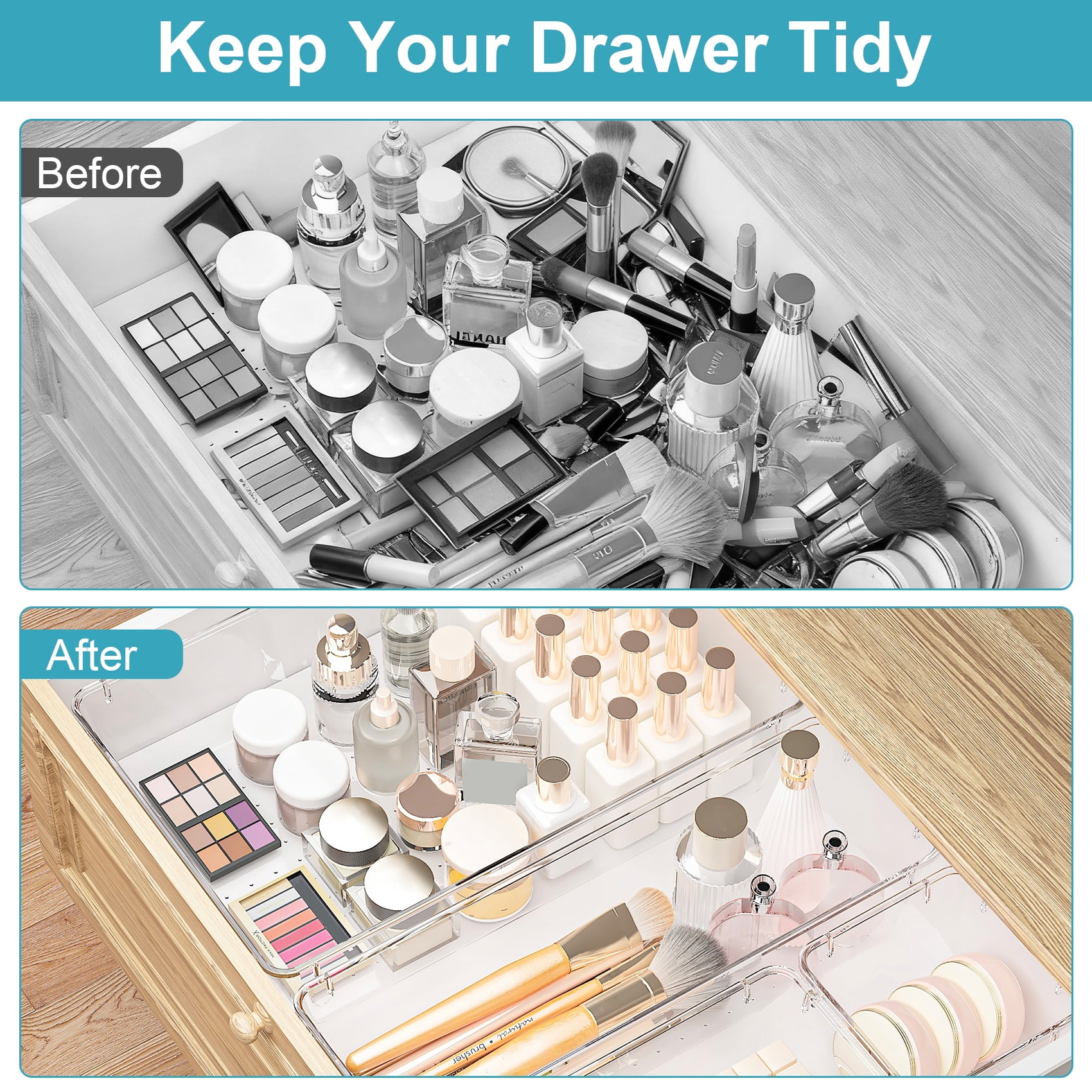 28 PCS Clear Plastic Stackable Drawer Organizer Bins, Multi-Size Drawer Vanity Organizers for Cosmetics, Jewelry Home Storage
