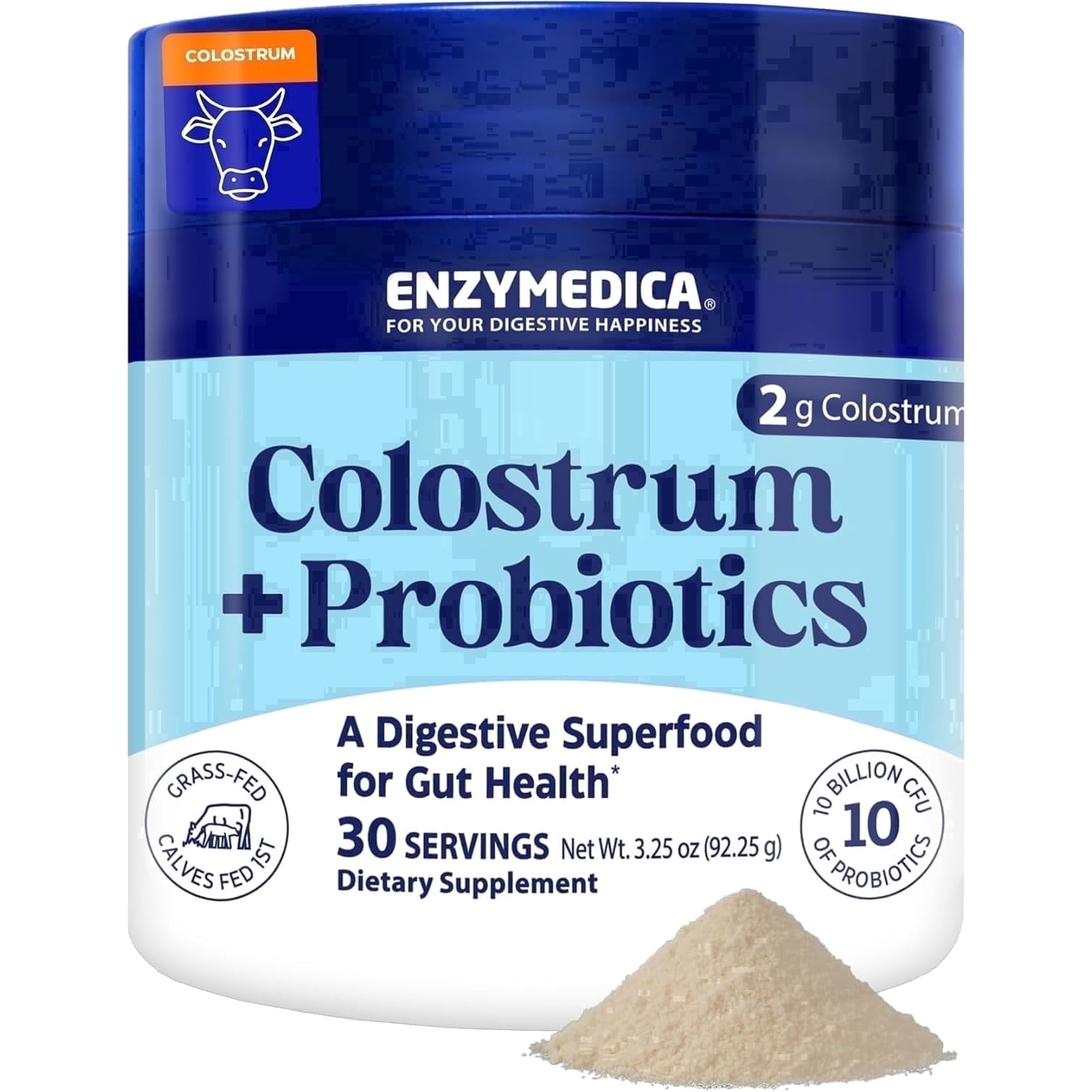 Enzymedica Colostrum Powder with Probiotics for Men & Women, Grass-Fed Bovine Colostrum 2g + 10 Billion CFU, Gut & Immune Support Supplement, 30 Servings