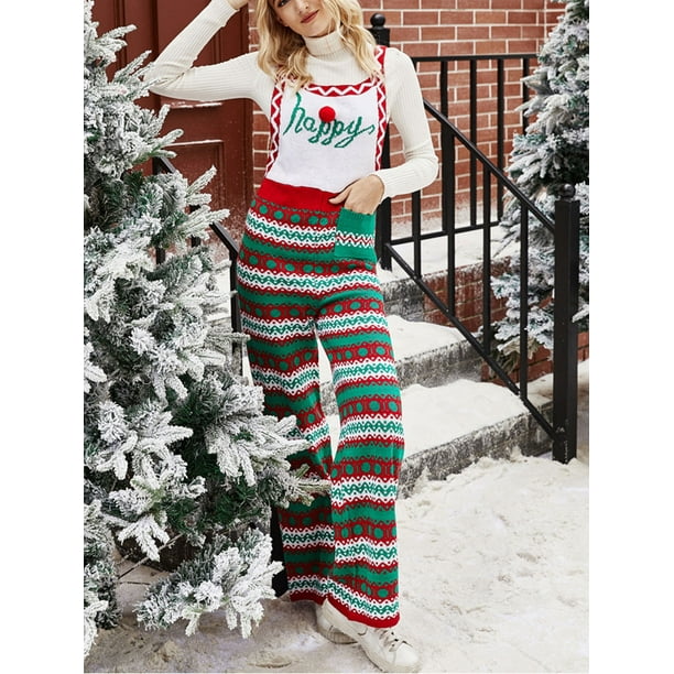 WIFORNT Women Christmas Knitted Bib Overalls Snowflake Print Loose Straight Leg Jumpsuit Romper Pants with Pockets for Streetwear