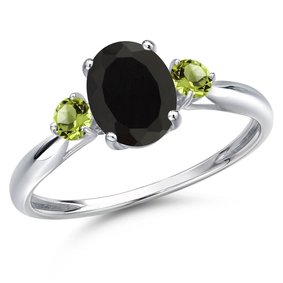 Gem Stone King 10K White Gold Black Onyx and Green Peridot 3-Stone Ring for Women | 1.84 Cttw | Oval 8X6MM | Gemstone December Birthstone | Size 8