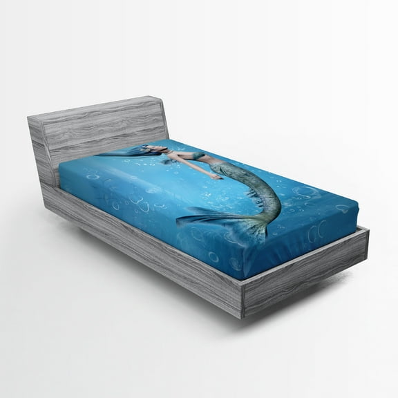 Ambesonne Ocean Fitted Sheet, Mermaid Myth Creature, Twin Size, Blue