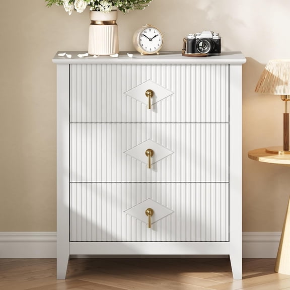 Wood Nightstand Fluted Dresser for Bedroom, 27.5" Wide 3-Drawer Bedside Tables, Modern Chest of Drawers, Storage End Table Living Room, Hallway, Entryway, White