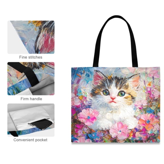 Canvas Tote Bag for Women Girls Design Print Kitten Garden Portrait Tote