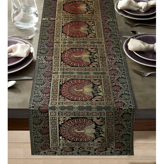 DK Homewares Ethnic Table Runner Birthday Parties Kitchen Decor Brocade Black Gold 150 X 40 Cm Jacquard Dancing Peacock 5 Ft Centerpiece ( 60 X 16 Inches )