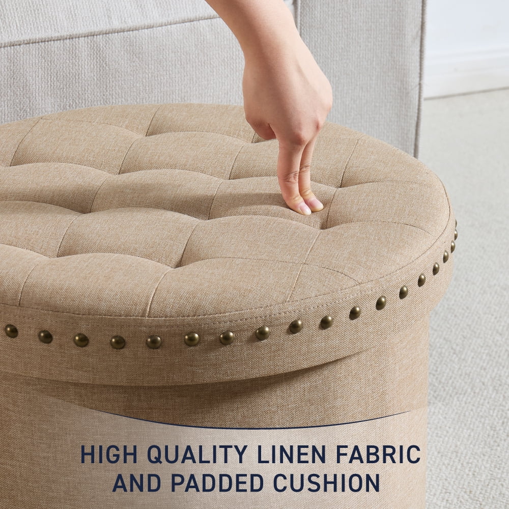 Ornavo Home Décor Large 20" Round Collapsible Ottoman with Storage with Nailhead Trim for Living Room and Bedroom - Linen Tan/Taupe