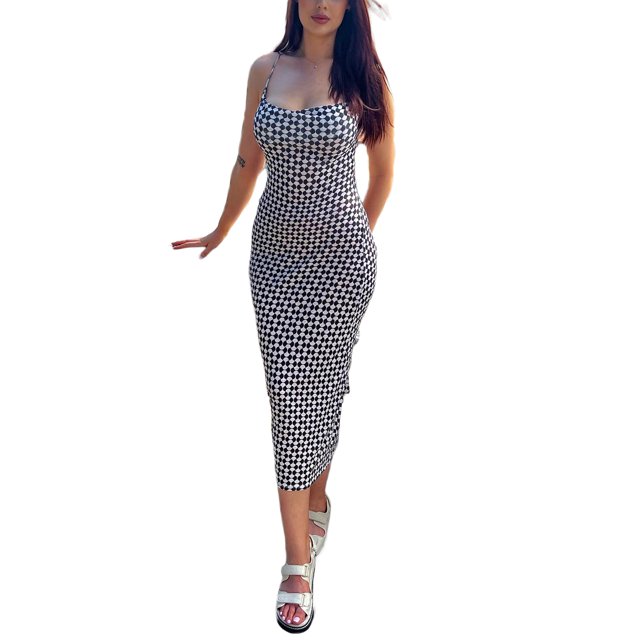 Txlixc Vestido casual para mujer, sin mangas, sin espalda, con estampado de tablero de ajedrez, vestido largo con tirantes Txlixc Moda