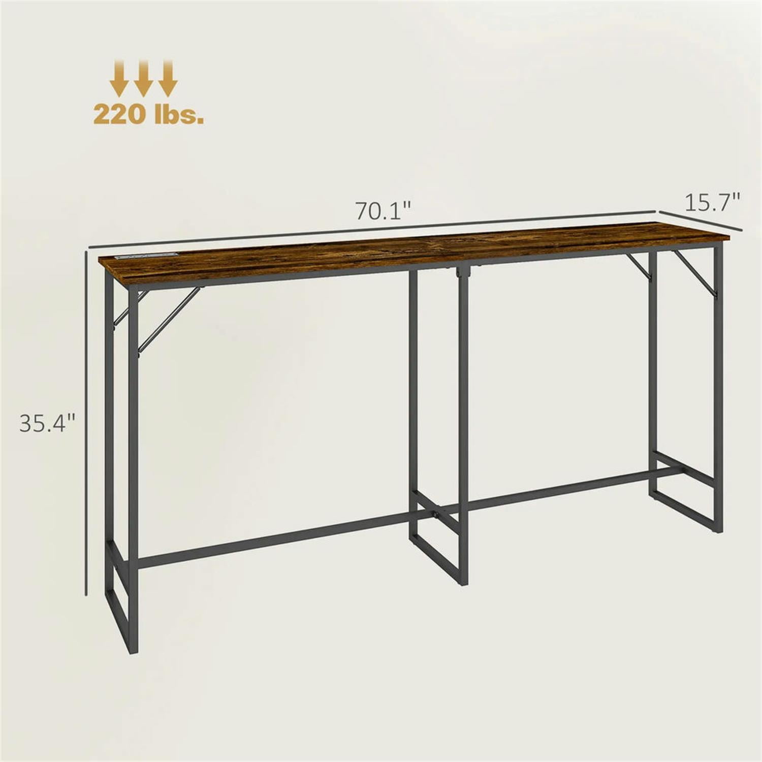 Demi Bonn 70" Industrial Bar Tables with Charging Station, Steel Rectangular Bar Height Pub Table for 4 to 6 People for Dining Room, Home Office, Brown