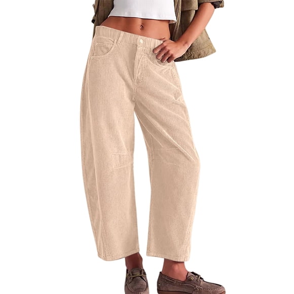 Women'S Corduroy Pants Mid-Rise Elastic Waist Cord Pant Casual Wide Leg Baggy Trouser with Pockets Cream White XXL
