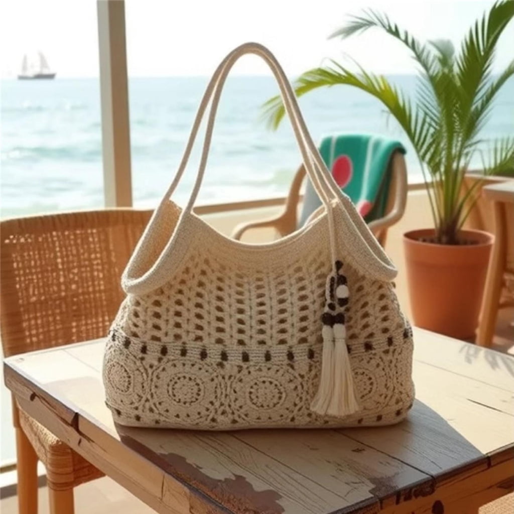 Bohemian Crochet Shoulder Bag for Women Handbag Summer Beach Bag with Tassels