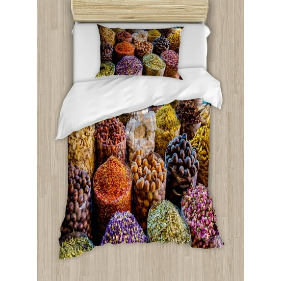 Spice Duvet Cover Set Twin Size, Dried Herbs Flower Spices in the Bazaar in Deira Dubai Traditional Tastes, Decorative 2 Piece Bedding Set with 1 Pillow Sham, Multicolor, by Ambesonne