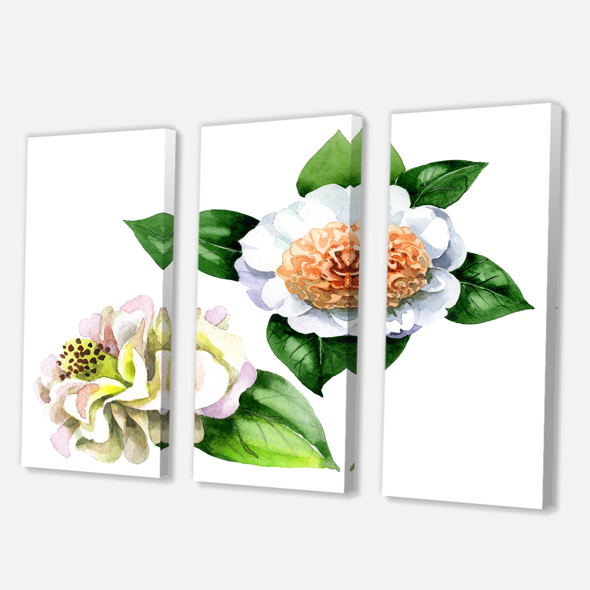 Designart ' Ancient White Camellia Flowers With Green Leaves ' Traditional Canvas Wall Art Print