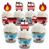 Fired Up Fire Truck - Cupcake Decoration - Firefighter Firetruck Baby Shower Or Birthday Party Cupcake Wrappers And Treat Picks Kit - Set Of 24