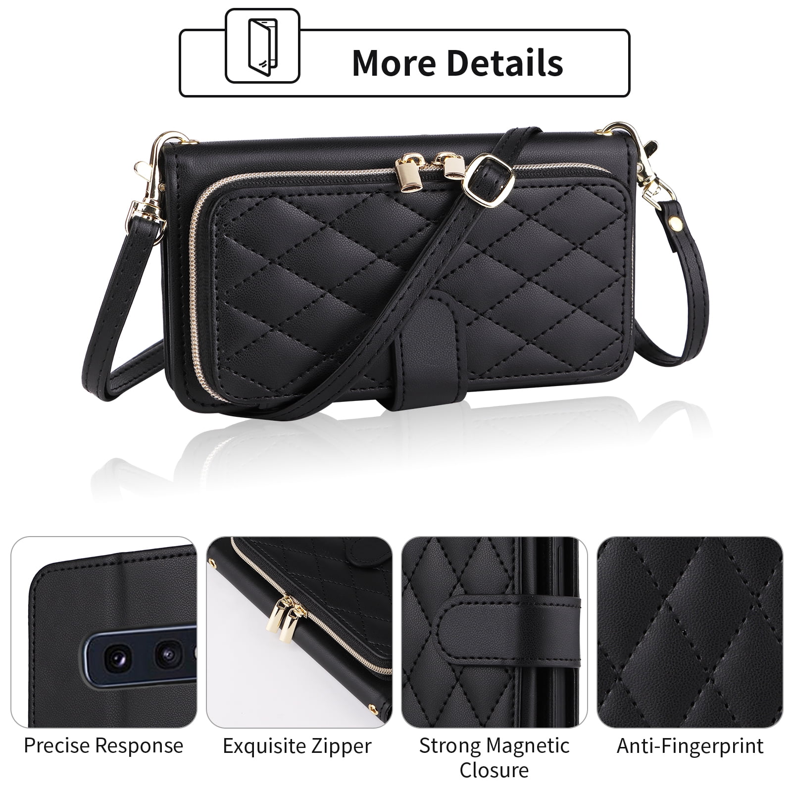 Furiet Argyle Wallet Case for Samsung Galaxy S10e with Wrist/Shoulder Strap Zipper Purse Luxury PU Leather Card Holder Slots Stand Checkered Phone Cover for S 10e 10se Se10 Women Girls Black