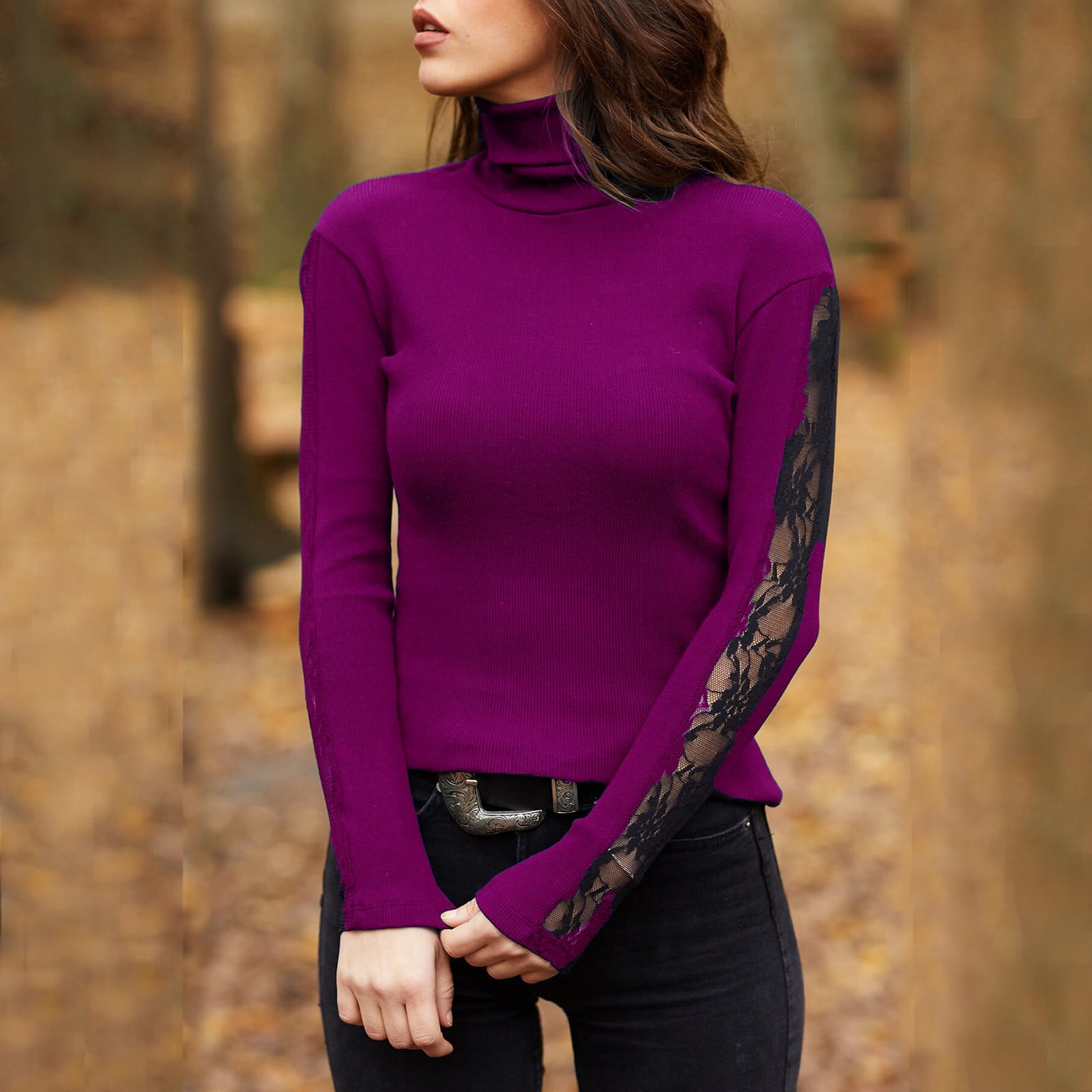 purple turtleneck outfit