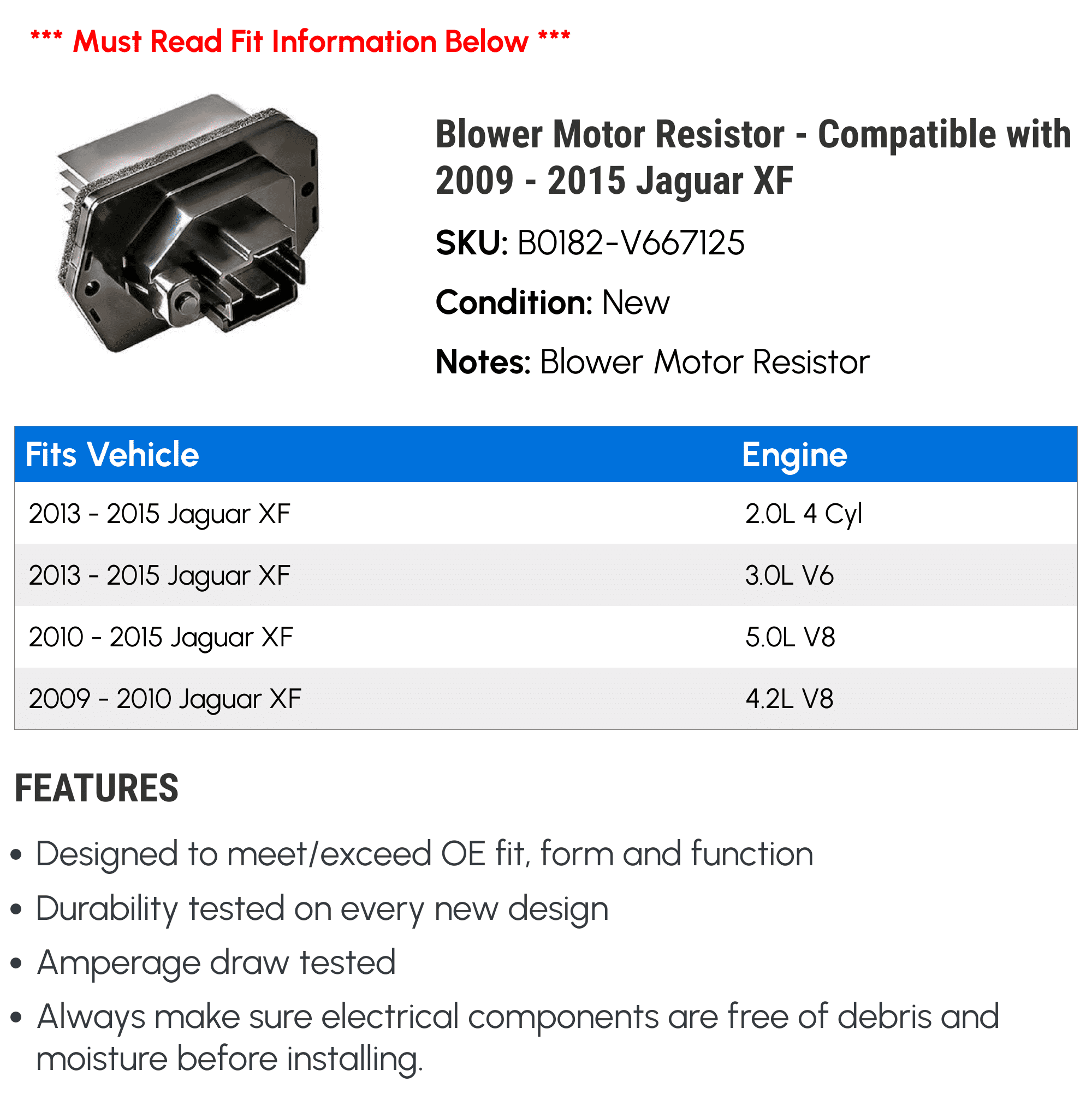 Blower Motor Resistor - Compatible with 2009 - 2015 Jaguar XF 2010 2011 2012 2013 2014