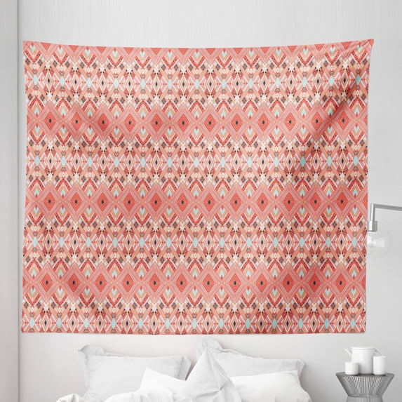 Bohemian Art Tapestry, Pastel Ethnic Chevron Pattern Ancient Ornaments Illustration, Fabric Wall Hanging Decor for Bedroom Living Room Dorm, 5 Sizes, Pale Blue Coral and Blush, by Ambesonne