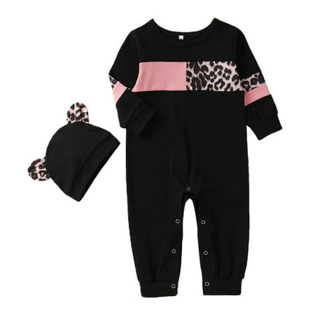 

Cute Stitching Leopard Print Color Matching Round Neck Baby Jumpsuit + Hat Two-piece Suit