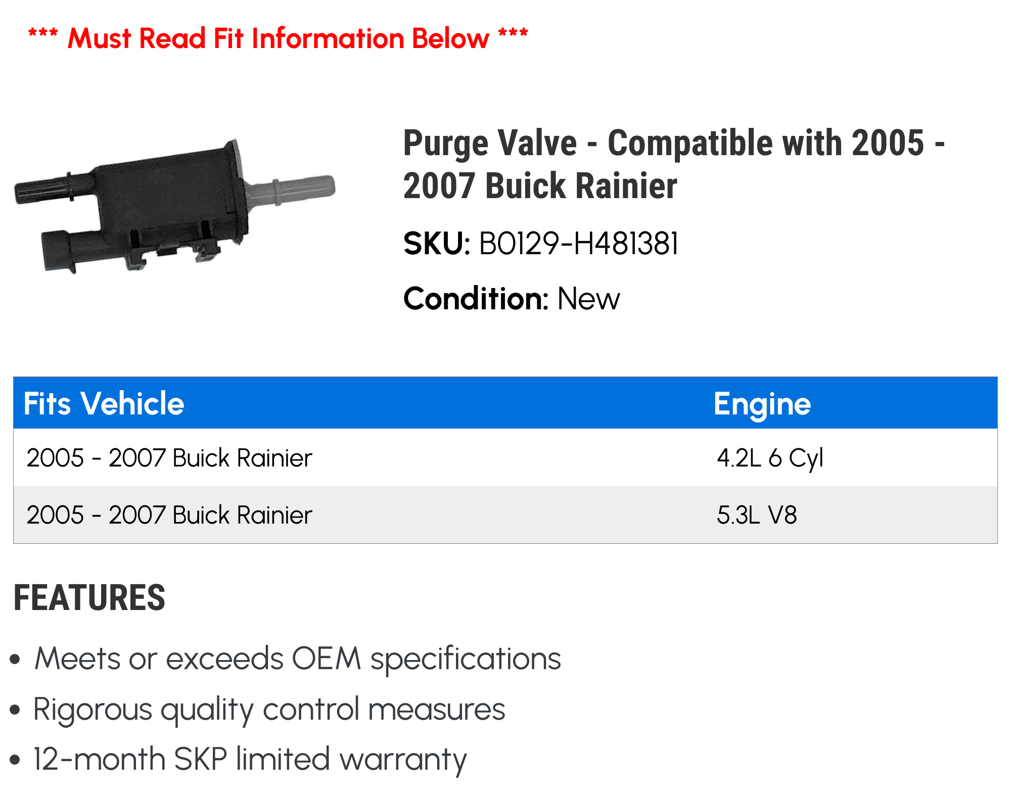 Purge Valve - Compatible with 2005 - 2007 Buick Rainier 2006