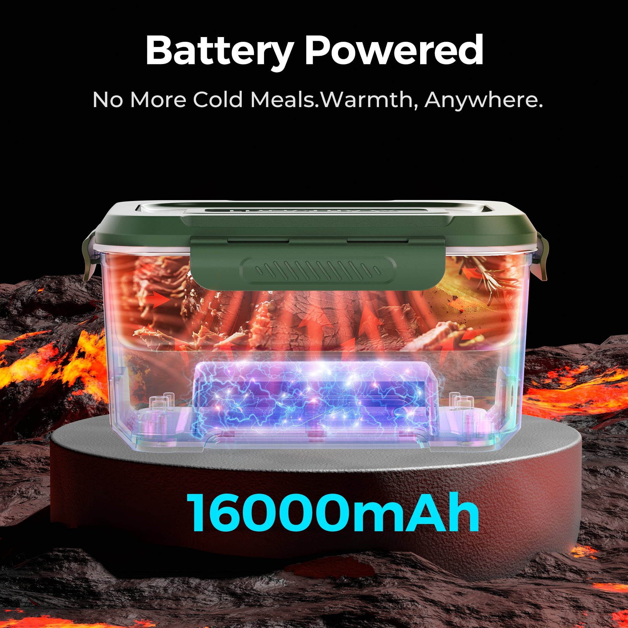 Cordless Electric Lunch Box for Adults, 5.5 Cups Self Heating Lunch Box Battery Powered, with Automatic Scheduled Heating, Removable Tray Divider, for Work Car Outdoor Use, Green