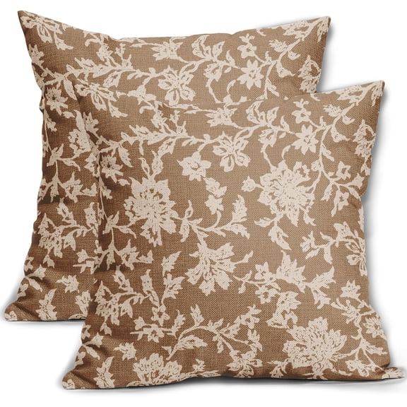 Light Brown Floral Pillow Covers 18x18 Set of 2 Brown Cream Vintage Flower Block Print Pattern Decorative Throw Pillowcases Outdoor Rustic Farmhouse Square Cushion Cases Decor for Home Couch Sofa Bed