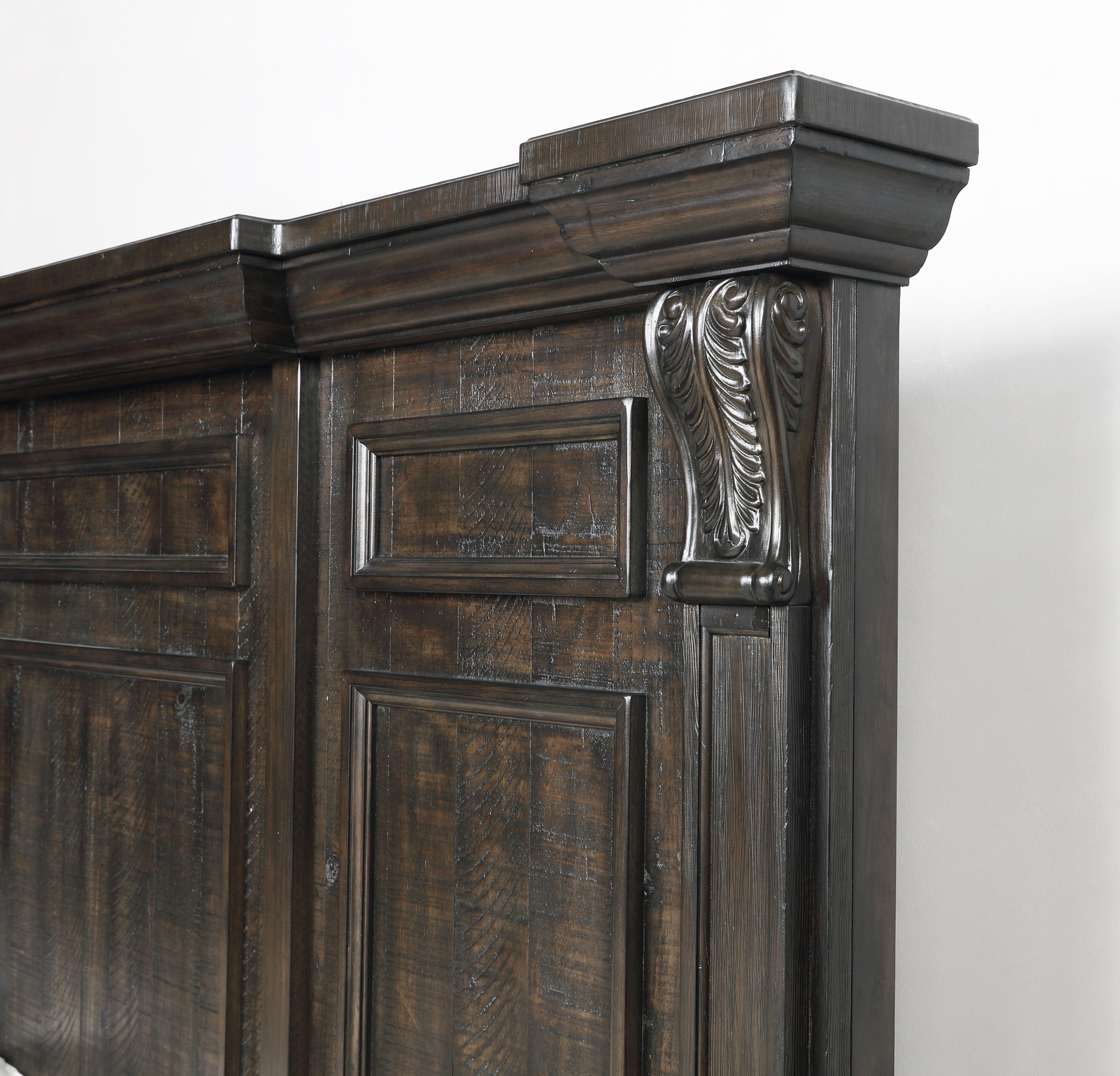 Farson Distressed Dark Walnut Finish Wood Panel Queen Bed, Dresser, Mirror, Nightstand