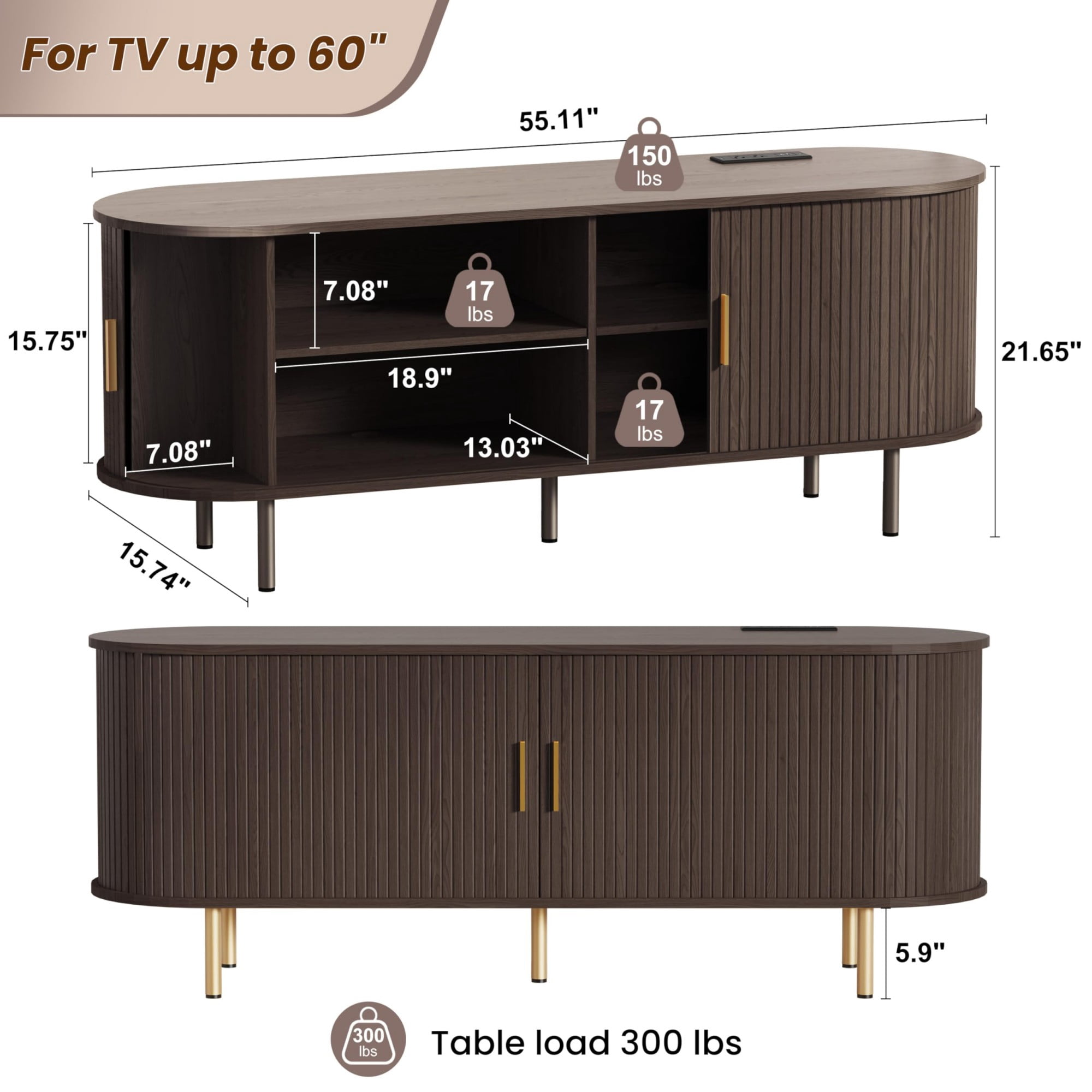 55 Inch Mid Century Modern TV Stand with Power Outlet, Fluted Media Console with Sliding Doors for TVs up to 60 Inch, Coffee
