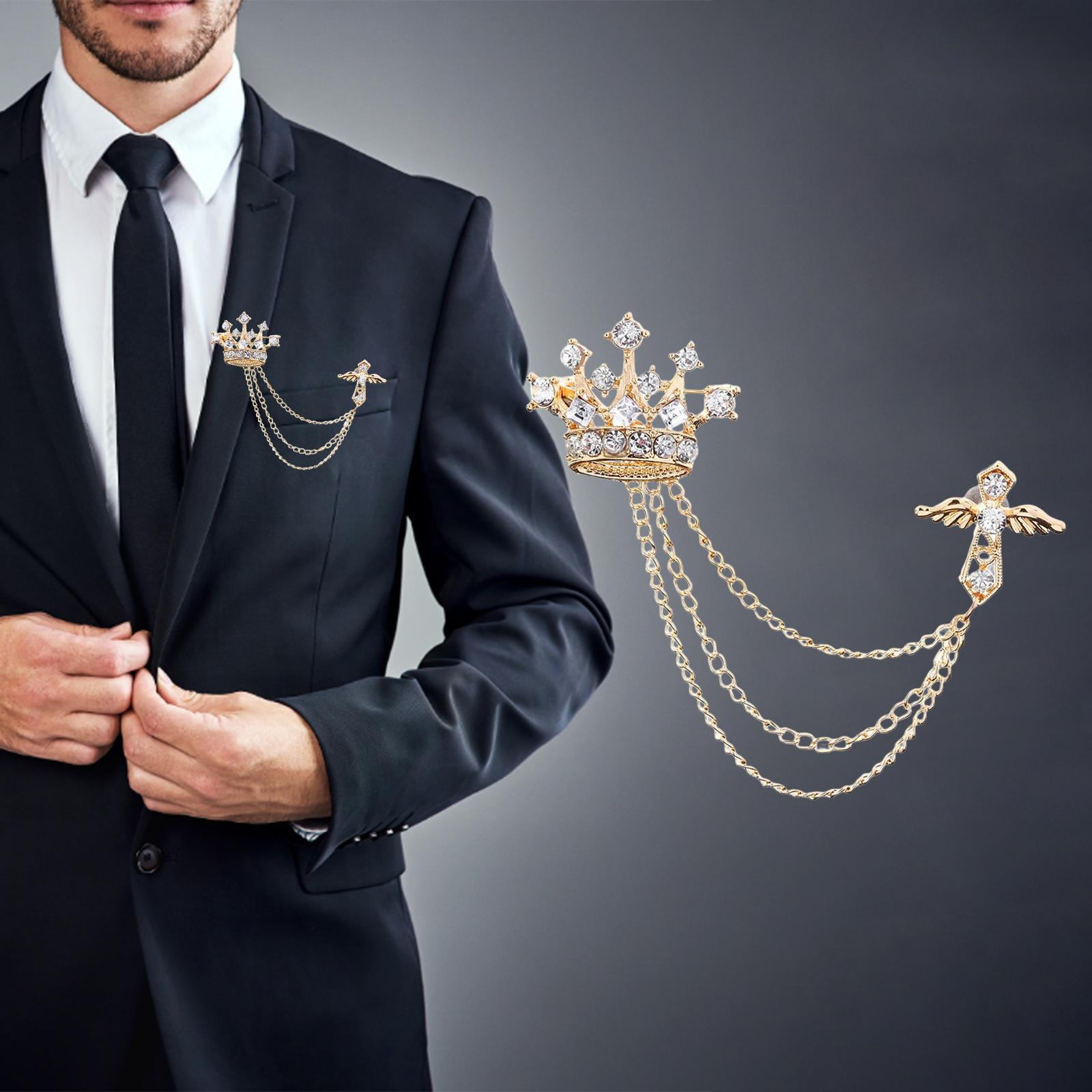 Men's Crown Brooch with Chains Fashion Lapel Pin Badge Jewelry for