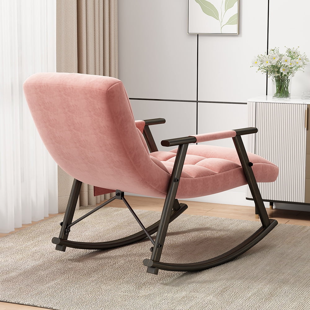 Accent Folding Rocking Recliner Chair with Side Pocket, Upholstered Nursery Glider Chair with 5 Adjustable High Back for Living Room Bedroom Balcony, Pink