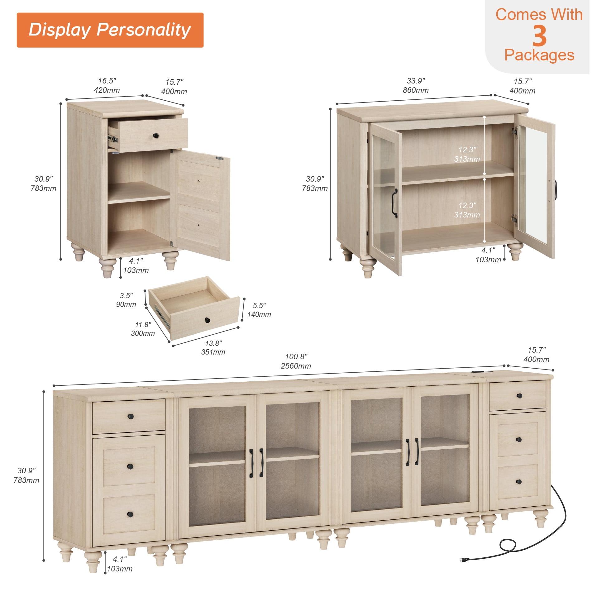 WAMPAT TV Stand for 100 Inch TV, Wood TV Console Table for 85 90 95 Inch TV, Entertainment Center with Charging Station & Glass Door, TV Stand for Dining Room, Beige