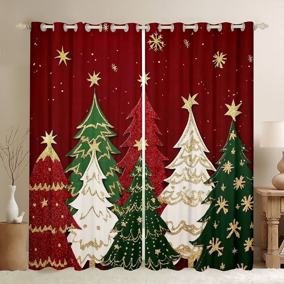 Manfei Chic Christmas Tree Black Out Curtains,Gold Sequin Print Curtains Pack of 2 (42x63 Each),Merry Xmas Bedroom Curtains For Girls Kids,Microfiber Bedroom Decor