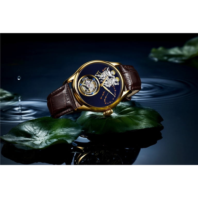 AESOP Men Genuine Mechanical Hand-Wind Skeleton Tourbillon Gemini 