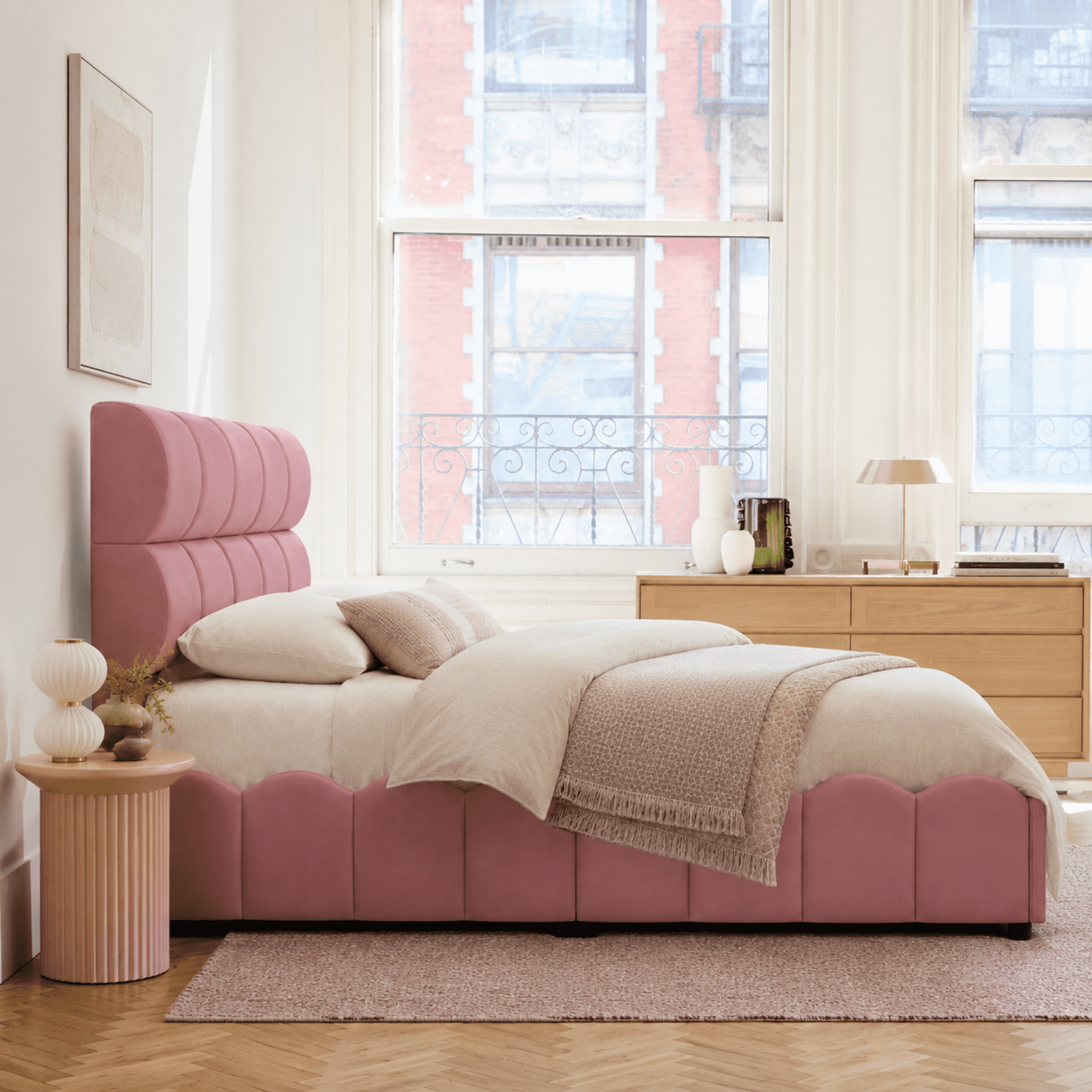 Euroco Upholstery Velvet Full Size Platform Bed with Tall Panel Headboard, No Box Spring Needed, Pink
