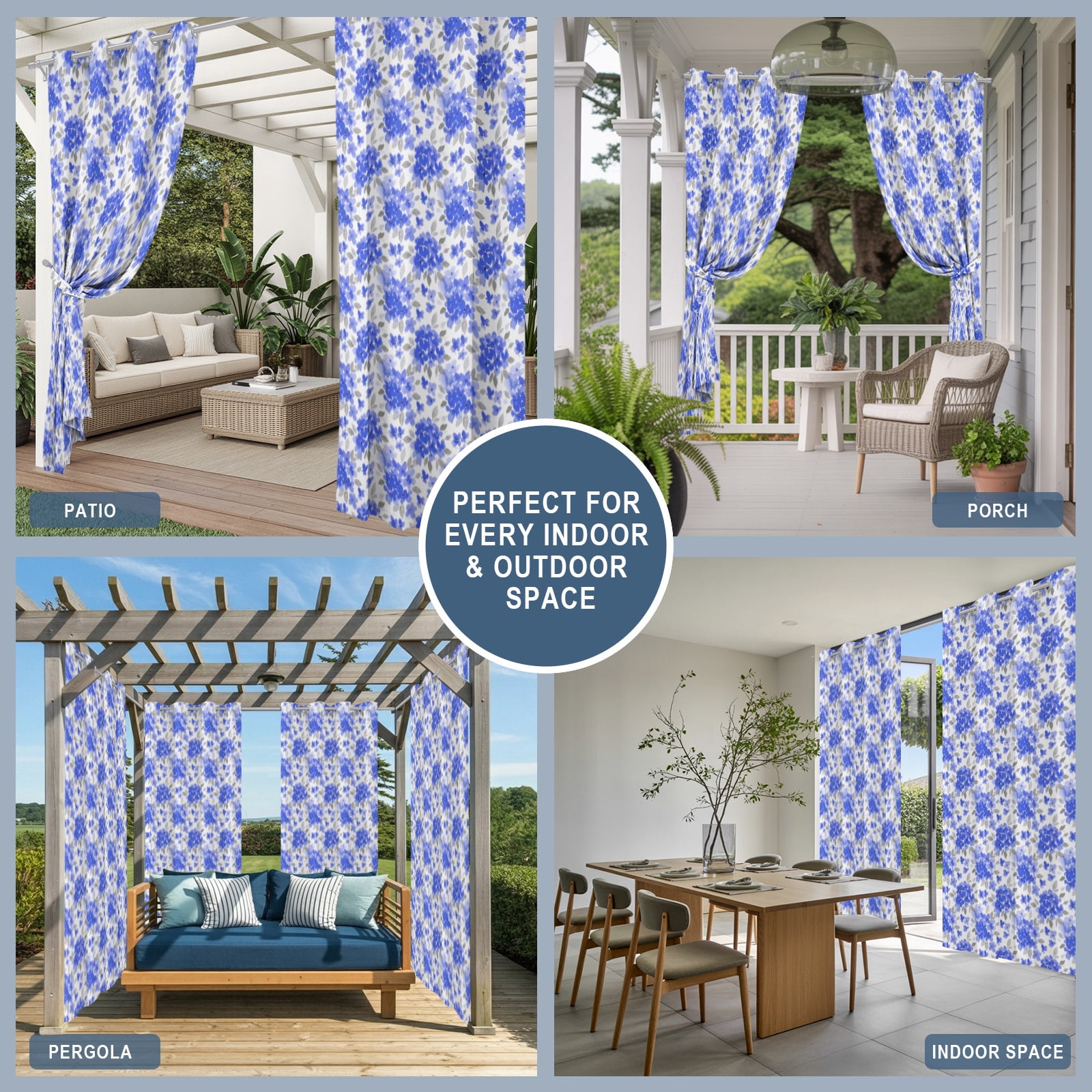 Blue Floral Outdoor Curtains for Patio, Farmhouse Watercolor Flower Leaf Sunshade Privacy Drapes Grommet Waterproof Outside Curtains for Porch/Cabana/Balcony 54"x 108", 1 Panel