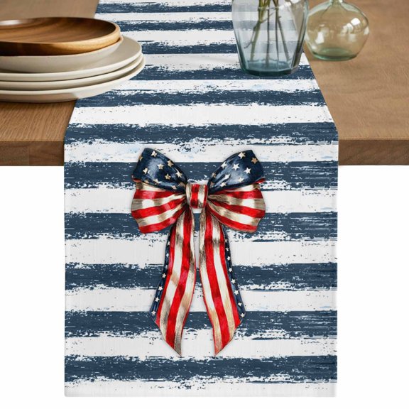 Thin Navy Lines Table Runner 72 Inches, Patriotic Bow Vintage Distressed Striped Bed Runner Dresser Scarves Tabletop for Indoor Outdoor Parties/Ceremony/Banquet, 13" x 72"