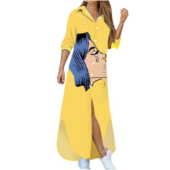 Lilgiuy Women's Casual Lapel Printing Button Single-Breasted Long-sleeve Shirt Split Long Dress Yellow 2022 Fall Winter