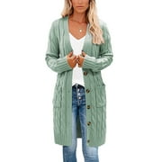 Shuttle tree Women Cable Chunky Knit Long Cardigan Sweater Long Sleeve Button Down Coat with Pockets