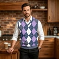thumbnail image 6 of Dwellite Mens Plaid Sweater Vest Casual Sleeveless Knit Pullover V Neck Business Office Fall Winter Sweaters Light Purple S, 6 of 7