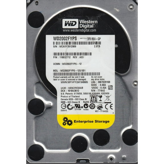 WD2002FYPS-12U1B1, DCM HANCHV2AAB, Western Digital 2TB SATA 3.5 Hard Drive