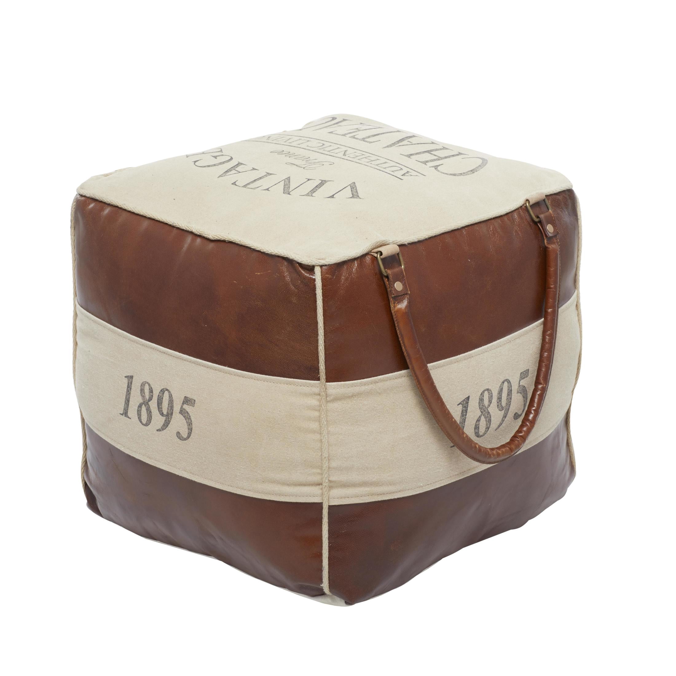 DecMode Stripes Brown Canvas Text Pouf with Leather Accents