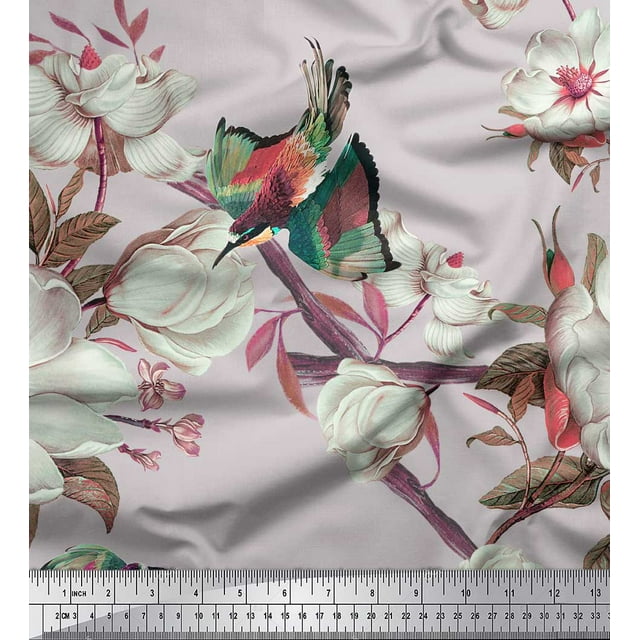 Soimoi Gray Moss Georgette Fabric Floral & Bird Printed Fabric 1 Yard 44 Inch Wide