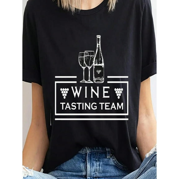 Women's Black "Wine Tasting Team" Graphic Tee Plus Size S-5XL, Classic Printed T-Shirt, Casual Oversized Top for Wine Enthusiasts