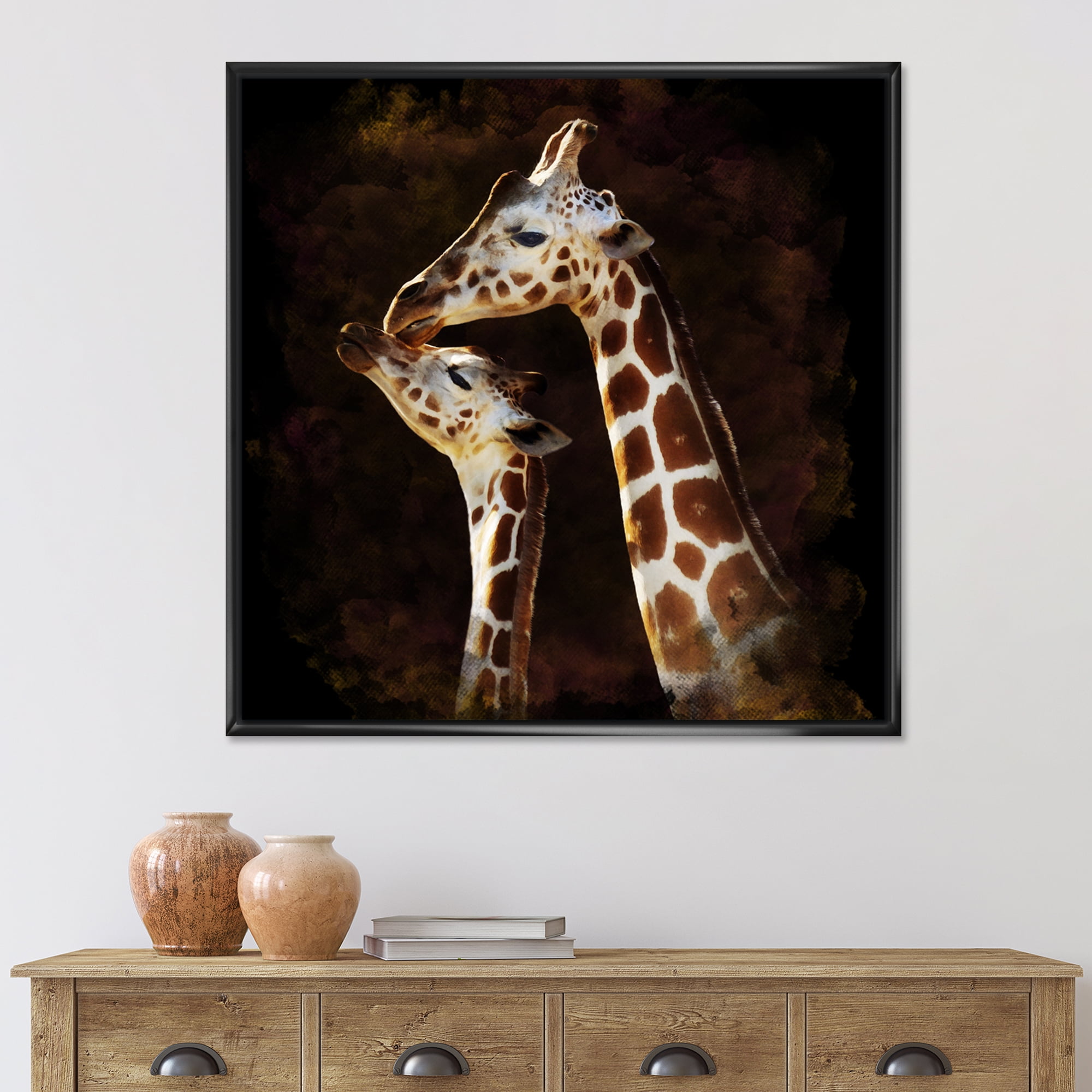 Designart 'Close UP Of Two Giraffes Kissing I' Farmhouse Framed Canvas Wall Art Print