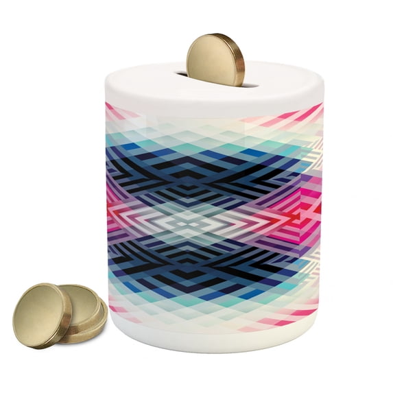 Abstract Piggy Bank, Fractal Lines with Diagonal Geometric Angled Repeating Pattern Display, Ceramic Coin Bank Money Box for Cash Saving, 3.6" X 3.2", Multicolor, by Ambesonne