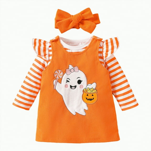 REgarm Baby Halloween Outfit Girl Ruffle Romper Pumpkin Suspender Overalls Dress Skirt Sets Fall Winter Clothes,0-3 Months