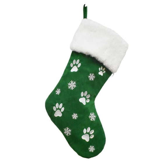 Christmas Pet Stocking 17.7 Dog & Cat Paw Print Holiday Stocking in Red & Green, Polyester Gift Bag for Pet Lovers, Holds Toys & Treats