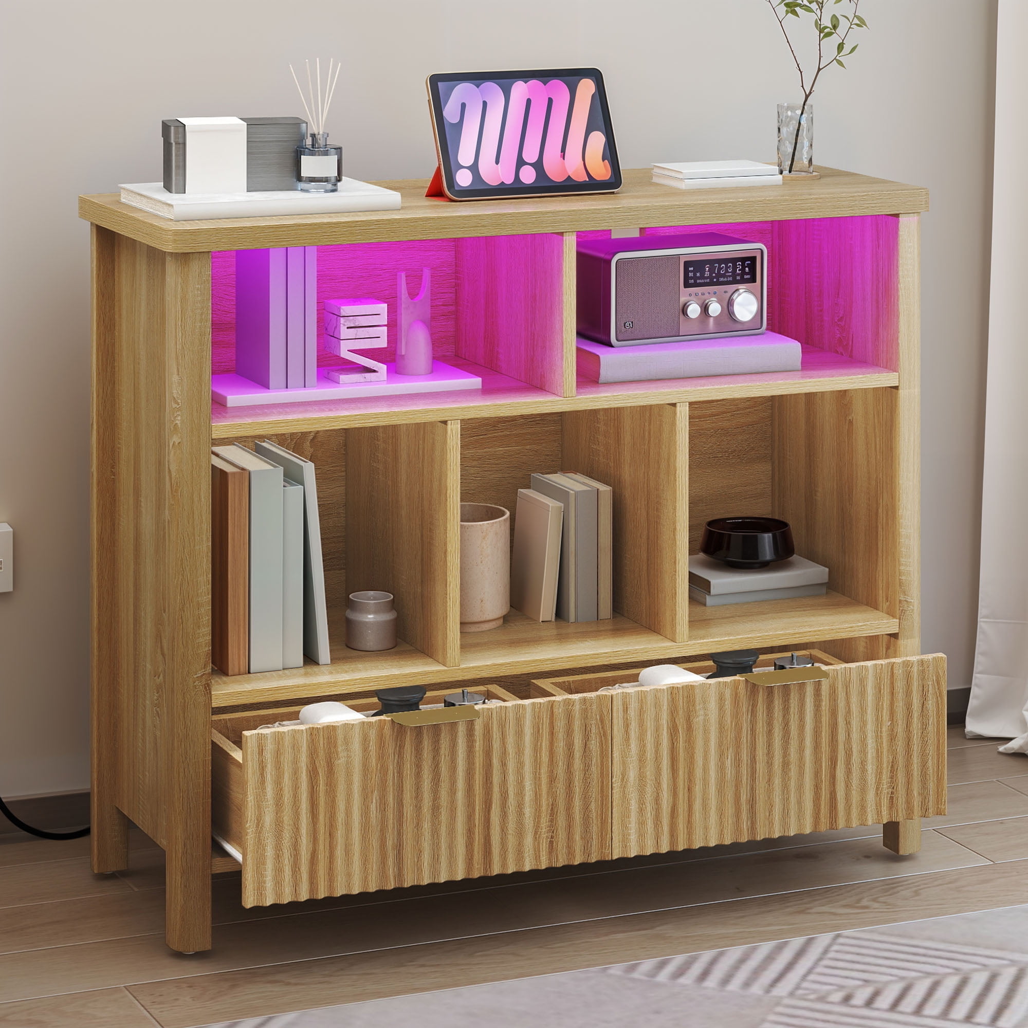 Craftian 5 Cube Bookcase with LED Light, Modern 3 Tier Bookshelf with Drawers for Home Office