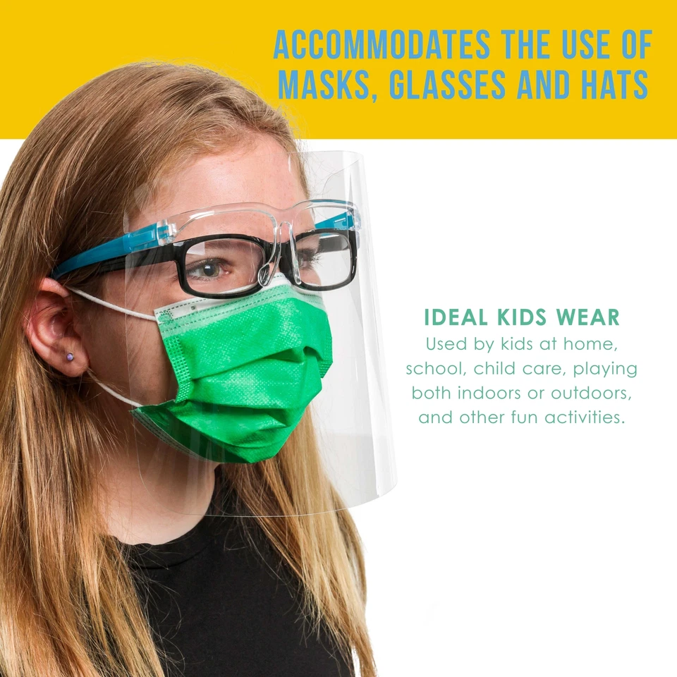 CRESTIN- Kids Protective Full Face Shields With Glasses Frames (Pack Of 10) - 5 Colors