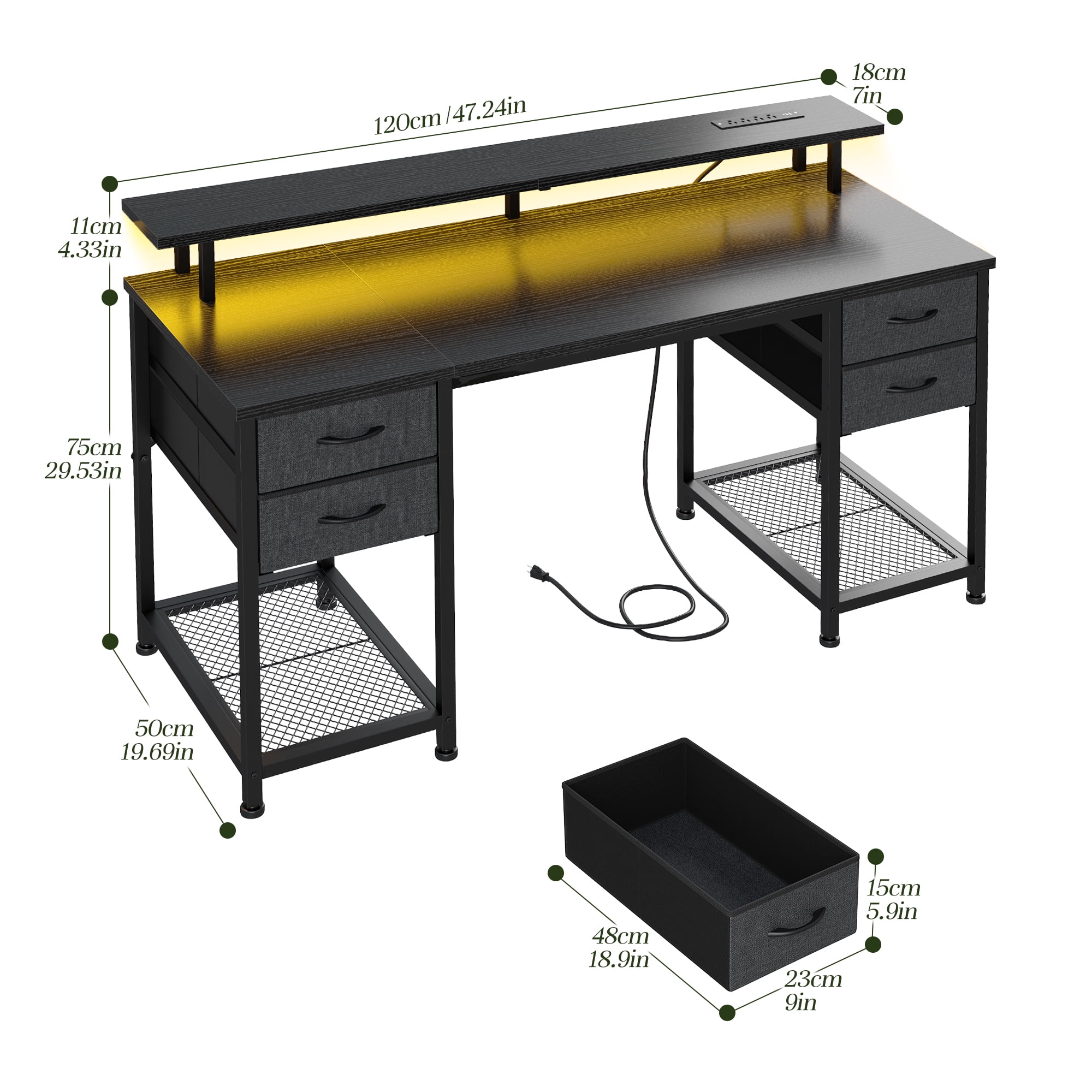 EnHomee Office Desk with 4 Fabric Drawers Gaming Desk with LED Light & Power Outlets Computer desk for Bedroom,Black