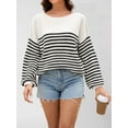 thumbnail image 3 of Women'S Striped Colorblock Knitted Sweater Long Sleeve Round Neck Fashion Oversized Sweater Black S, 3 of 7